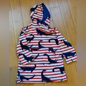 LIKE NEW! Mini Boden Red Striped/Navy Dinosaur Kids Terrycloth Cover-up Sz 5-6